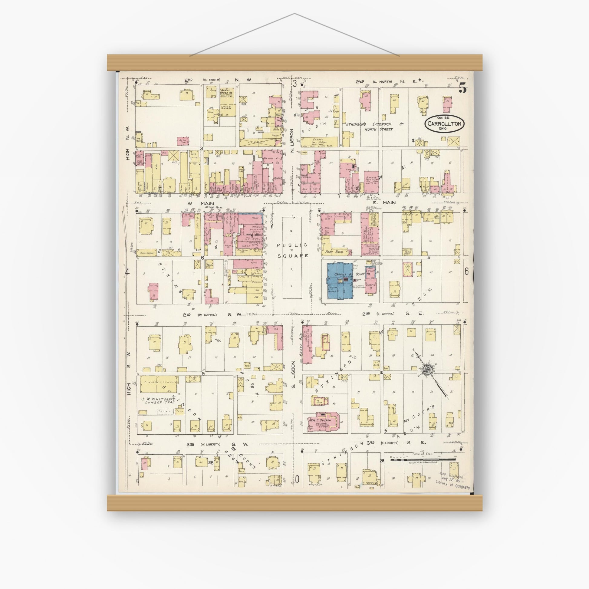 Old map wall art mockup — magnetic wood frame on white wall — Sanborn Fire Insurance Map from Carrollton, Carroll County, Ohio (1921), Sheet #0005