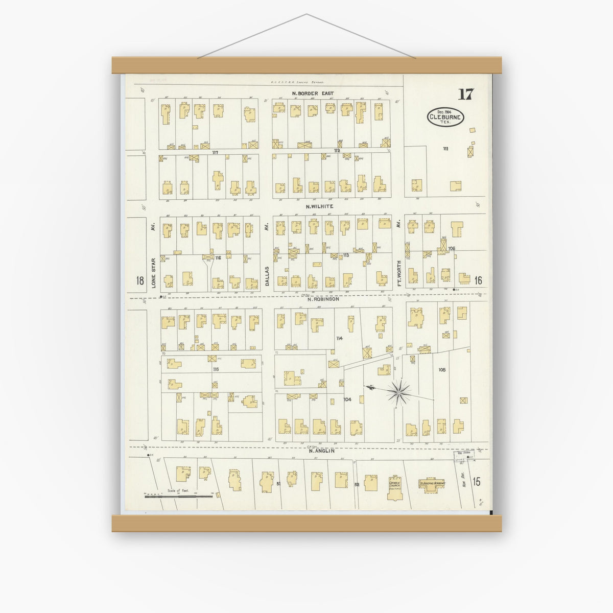 Old map wall art mockup — magnetic wood frame on white wall — Sanborn Fire Insurance Map from Cleburne, Johnson County, Texas (1904), Sheet #0017