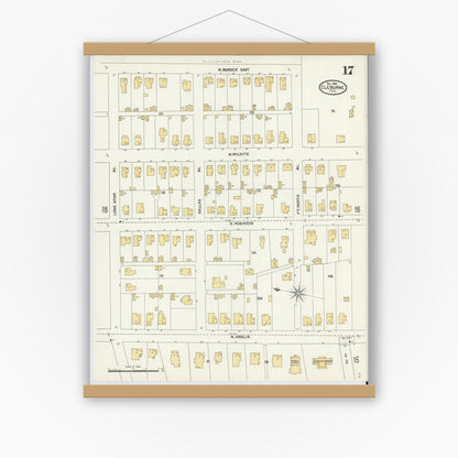 Old map wall art mockup — magnetic wood frame on white wall — Sanborn Fire Insurance Map from Cleburne, Johnson County, Texas (1904), Sheet #0017