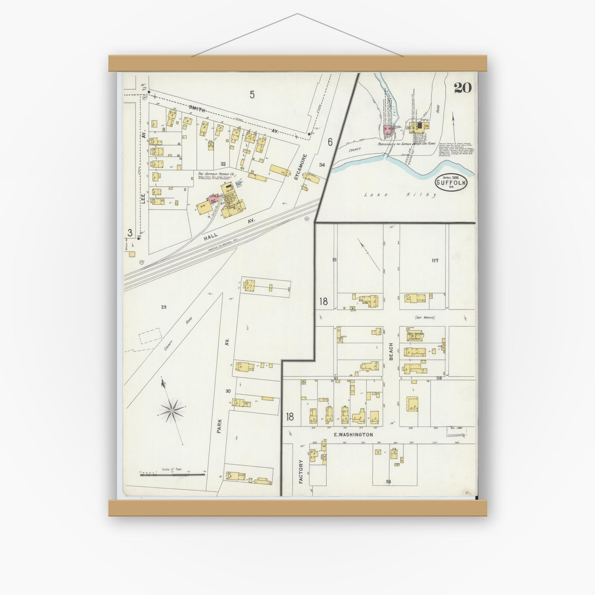 Old map wall art mockup — magnetic wood frame on white wall — Sanborn Fire Insurance Map from Suffolk, Independent Cities, Virginia (1898), Sheet #0020