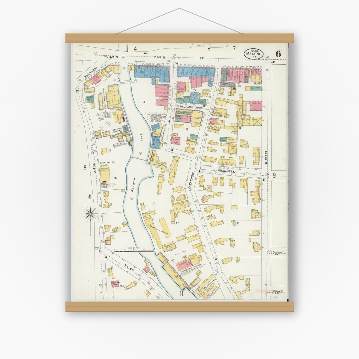Old map wall art mockup — magnetic wood frame on white wall — Sanborn Fire Insurance Map from Malone, Franklin County, New York (1903), Sheet #0006
