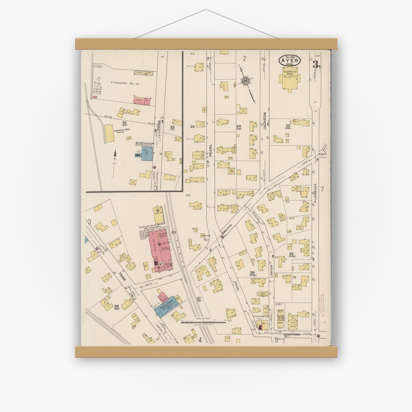 Old map wall art mockup — magnetic wood frame on white wall — Sanborn Fire Insurance Map from Ayer, Middlesex County, Massachusetts (1921), Sheet #0003