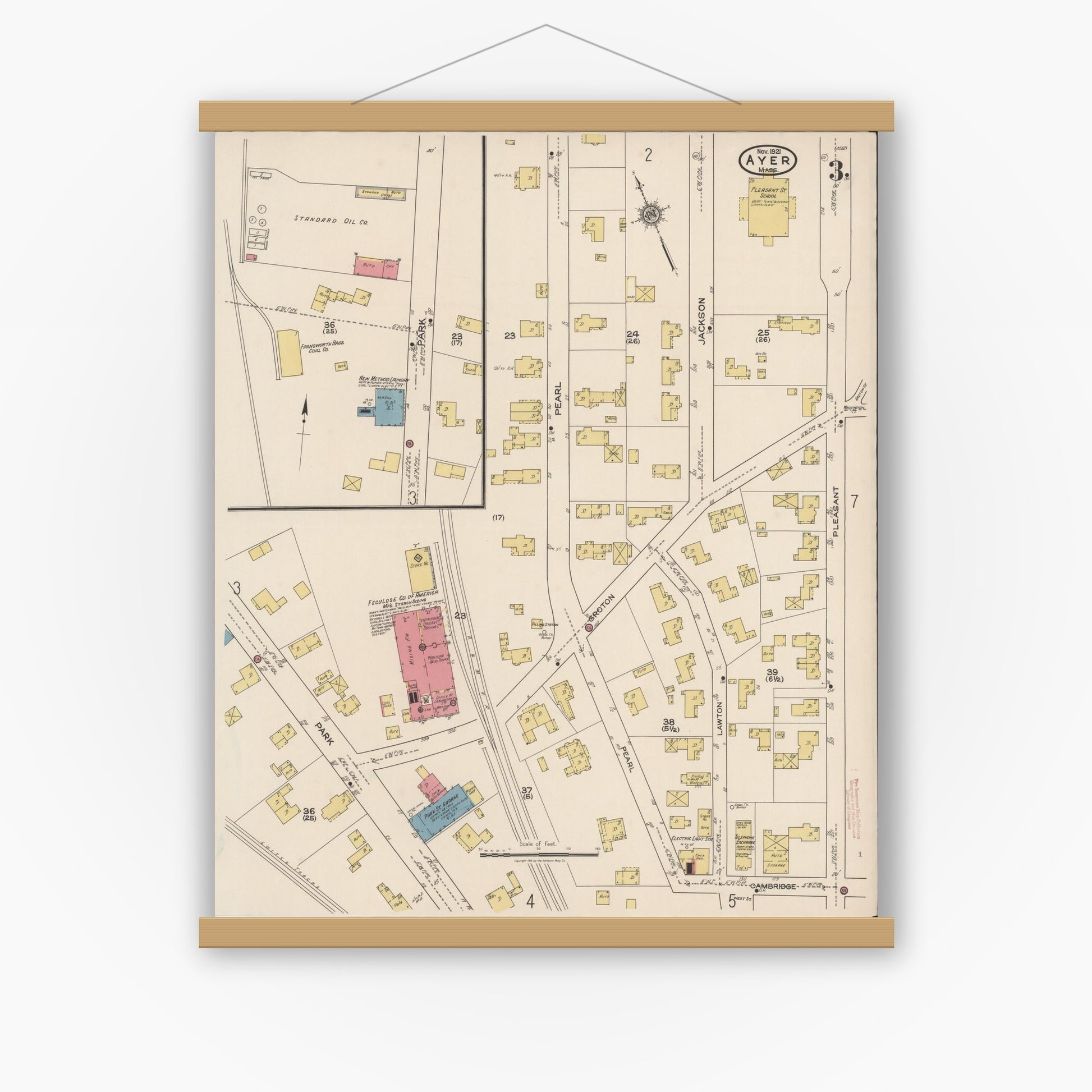 Old map wall art mockup — magnetic wood frame on white wall — Sanborn Fire Insurance Map from Ayer, Middlesex County, Massachusetts (1921), Sheet #0003