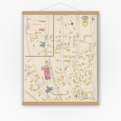 Old map wall art mockup — magnetic wood frame on white wall — Sanborn Fire Insurance Map from Ayer, Middlesex County, Massachusetts (1921), Sheet #0003