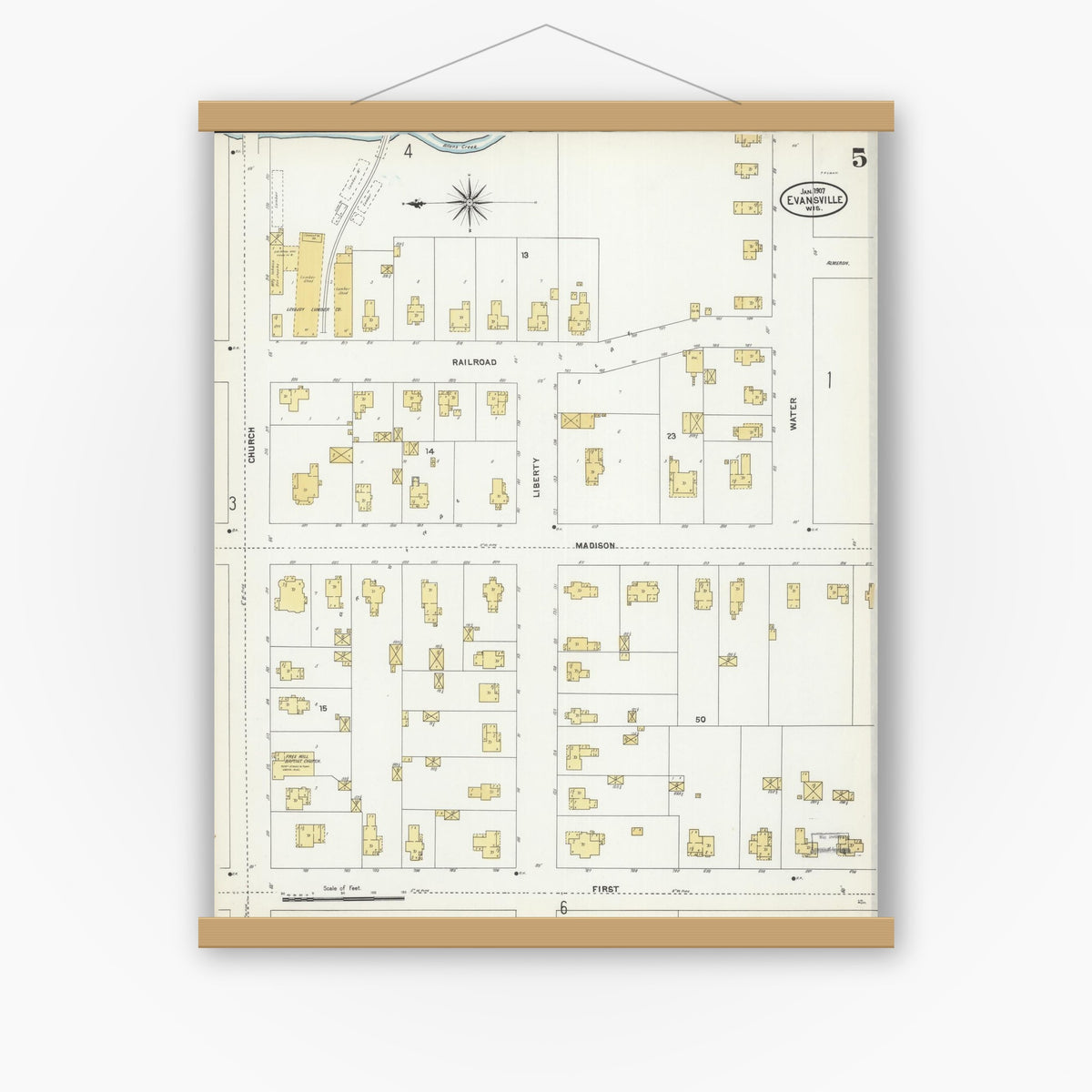 Old map wall art mockup — magnetic wood frame on white wall — Sanborn Fire Insurance Map from Evansville, Rock County, Wisconsin (1907), Sheet #0005