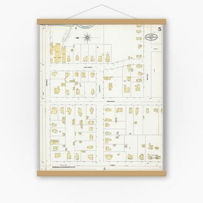 Old map wall art mockup — magnetic wood frame on white wall — Sanborn Fire Insurance Map from Evansville, Rock County, Wisconsin (1907), Sheet #0005