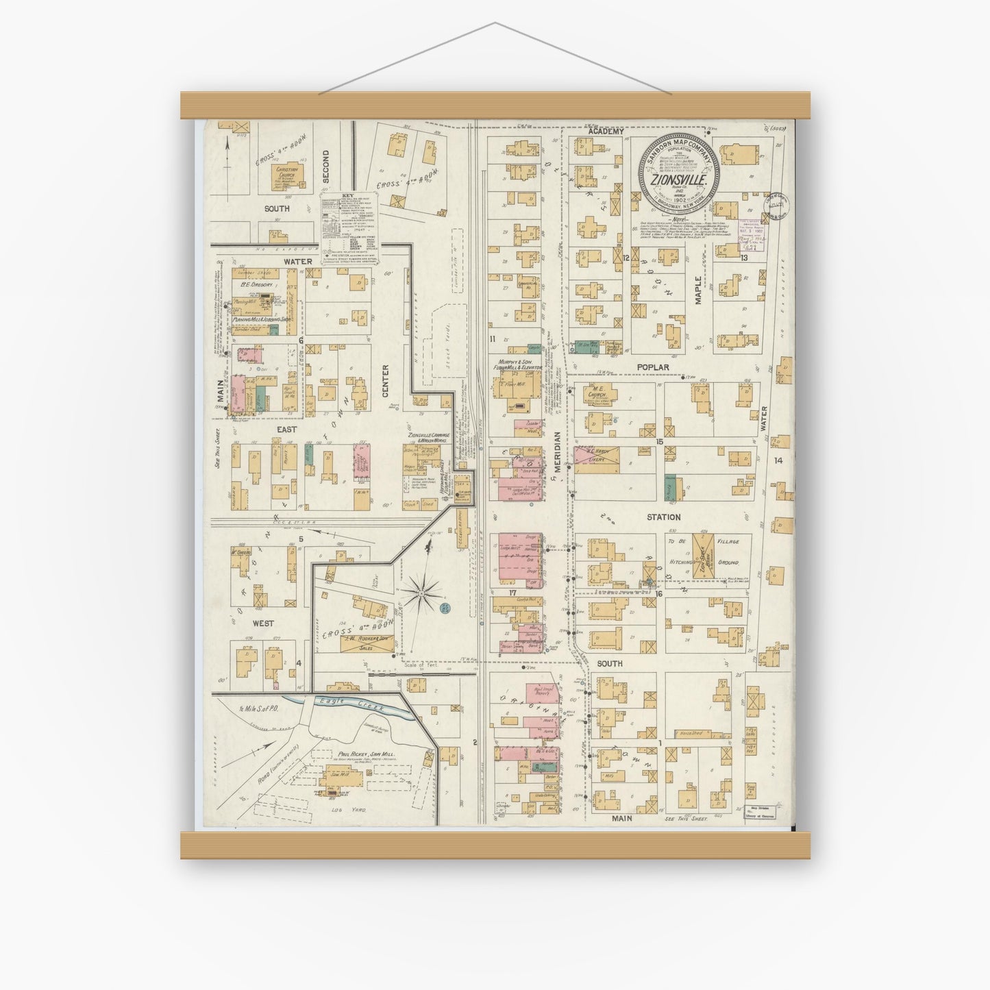 Old map wall art mockup — magnetic wood frame on white wall — Sanborn Fire Insurance Map from Zionsville, Boone County, Indiana (1902), Sheet #0001