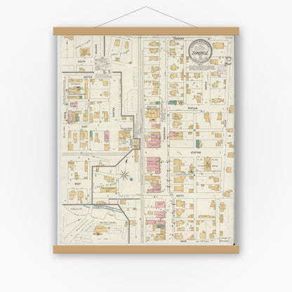 Old map wall art mockup — magnetic wood frame on white wall — Sanborn Fire Insurance Map from Zionsville, Boone County, Indiana (1902), Sheet #0001