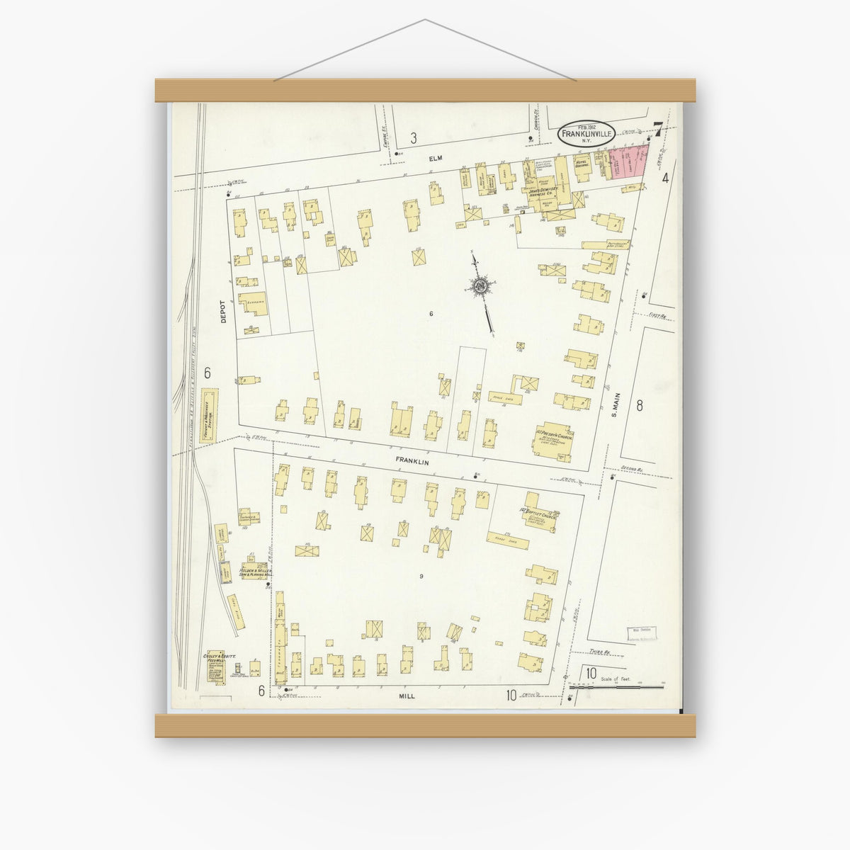 Old map wall art mockup — magnetic wood frame on white wall — Sanborn Fire Insurance Map from Franklinville, Cattaraugus County, New York (1912), Sheet #0007