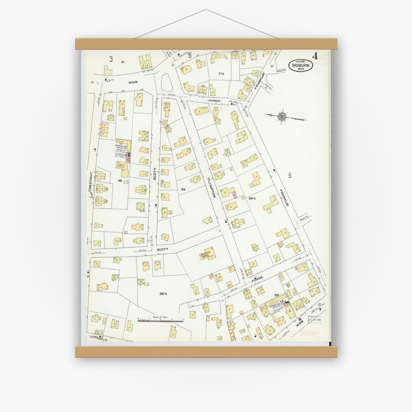 Old map wall art mockup — magnetic wood frame on white wall — Sanborn Fire Insurance Map from Woburn, Middlesex County, Massachusetts (1910), Sheet #0004