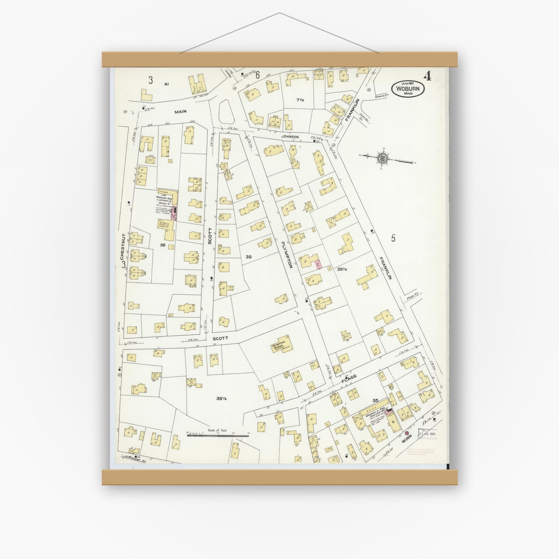 Old map wall art mockup — magnetic wood frame on white wall — Sanborn Fire Insurance Map from Woburn, Middlesex County, Massachusetts (1910), Sheet #0004