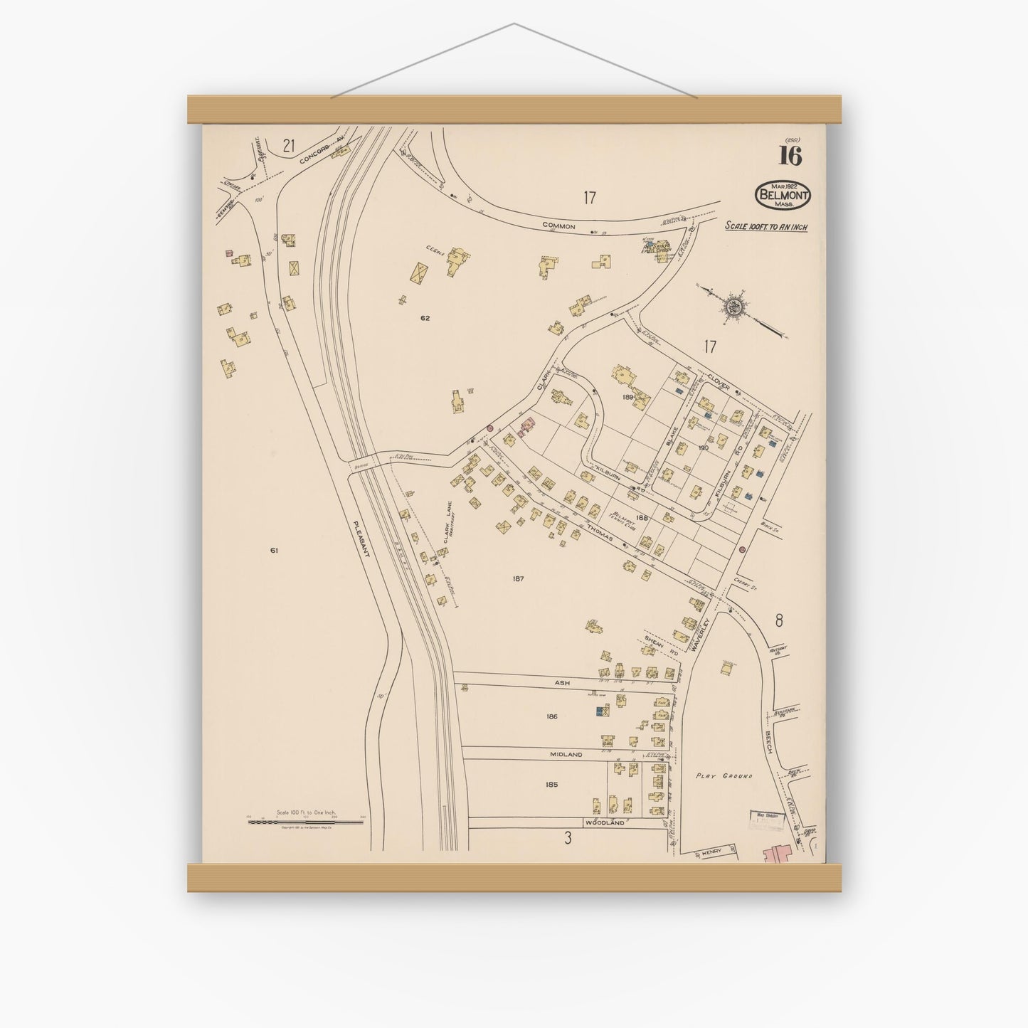 Old map wall art mockup — magnetic wood frame on white wall — Sanborn Fire Insurance Map from Belmont, Middlesex County, Massachusetts (1922), Sheet #0016