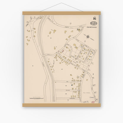 Old map wall art mockup — magnetic wood frame on white wall — Sanborn Fire Insurance Map from Belmont, Middlesex County, Massachusetts (1922), Sheet #0016
