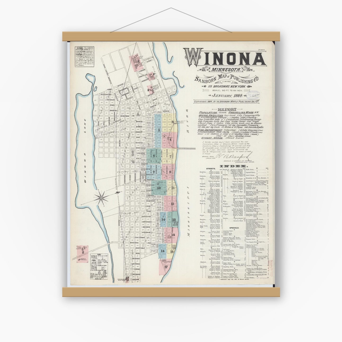 Old map wall art mockup — magnetic wood frame on white wall — Sanborn Fire Insurance Map from Winona, Winona County, Minnesota (1884) - Complete Map Set