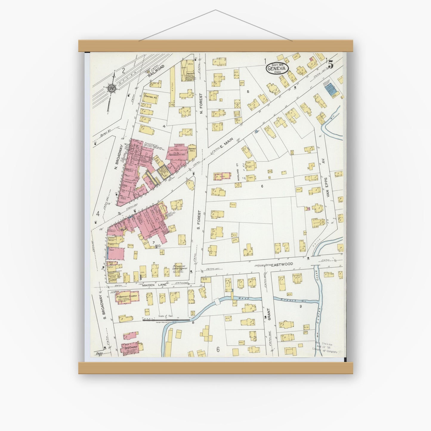 Old map wall art mockup — magnetic wood frame on white wall — Sanborn Fire Insurance Map from Geneva, Ashtabula County, Ohio (1919), Sheet #0005