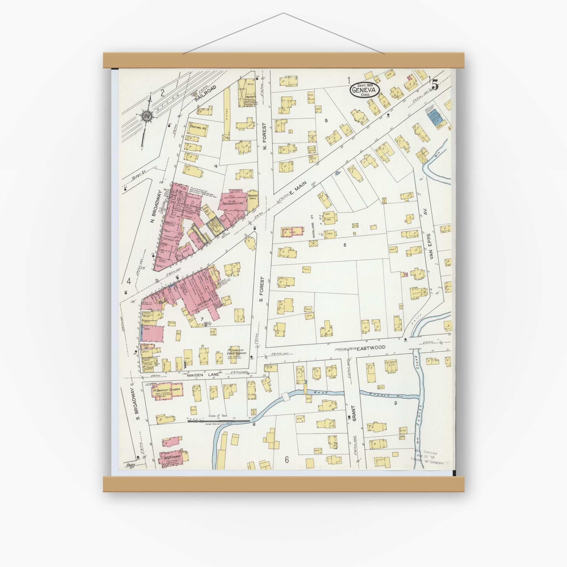 Old map wall art mockup — magnetic wood frame on white wall — Sanborn Fire Insurance Map from Geneva, Ashtabula County, Ohio (1919), Sheet #0005