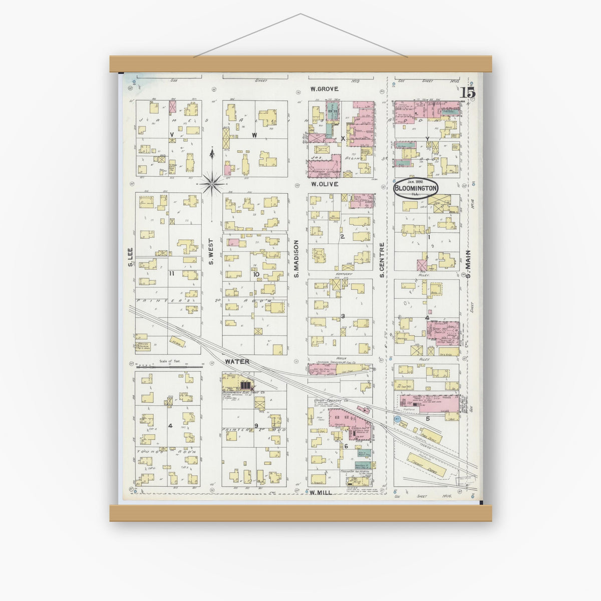 Old map wall art mockup — magnetic wood frame on white wall — Sanborn Fire Insurance Map from Bloomington, McLean County, Illinois (1892), Sheet #0015