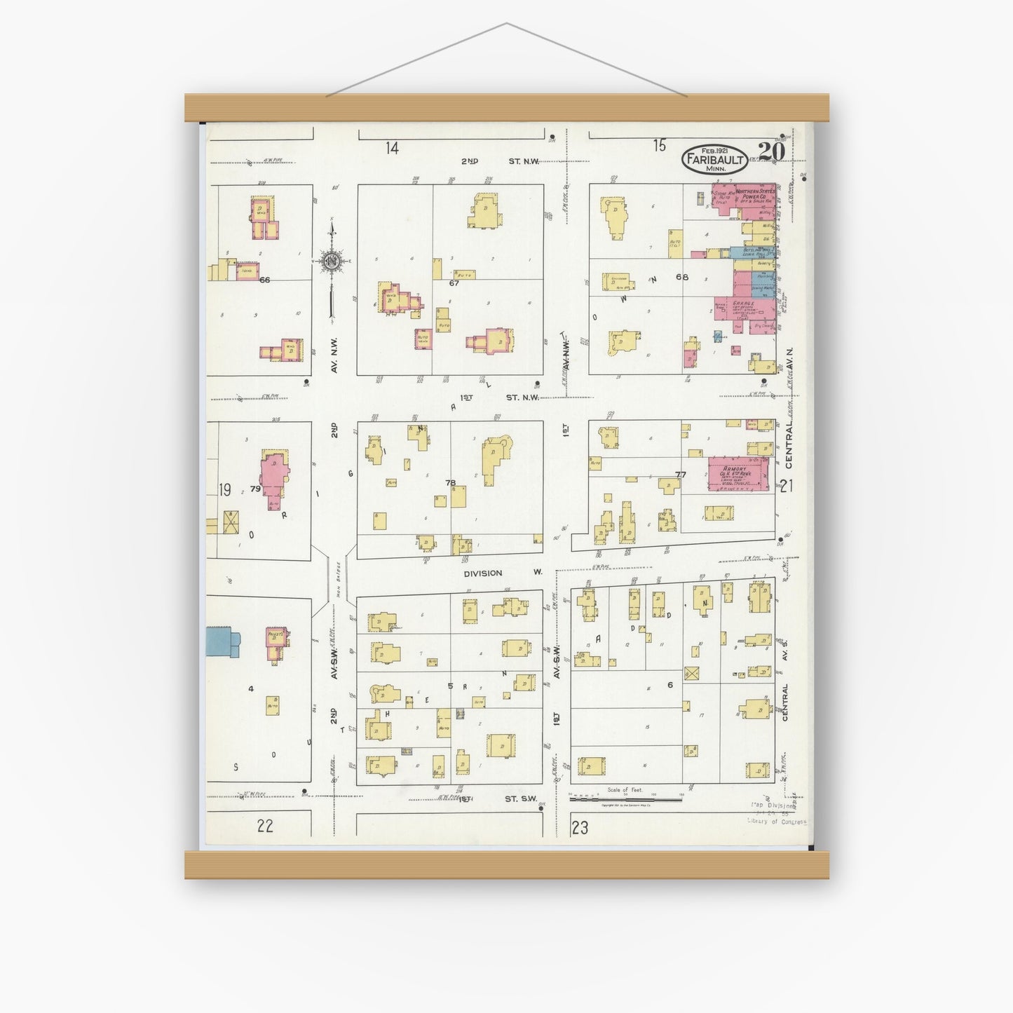 Old map wall art mockup — magnetic wood frame on white wall — Sanborn Fire Insurance Map from Faribault, Rice County, Minnesota (1921), Sheet #0020