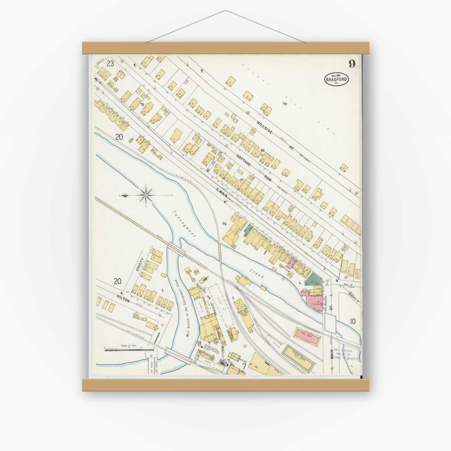 Old map wall art mockup — magnetic wood frame on white wall — Sanborn Fire Insurance Map from Bradford, McKean County, Pennsylvania (1899), Sheet #0009