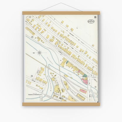 Old map wall art mockup — magnetic wood frame on white wall — Sanborn Fire Insurance Map from Bradford, McKean County, Pennsylvania (1899), Sheet #0009