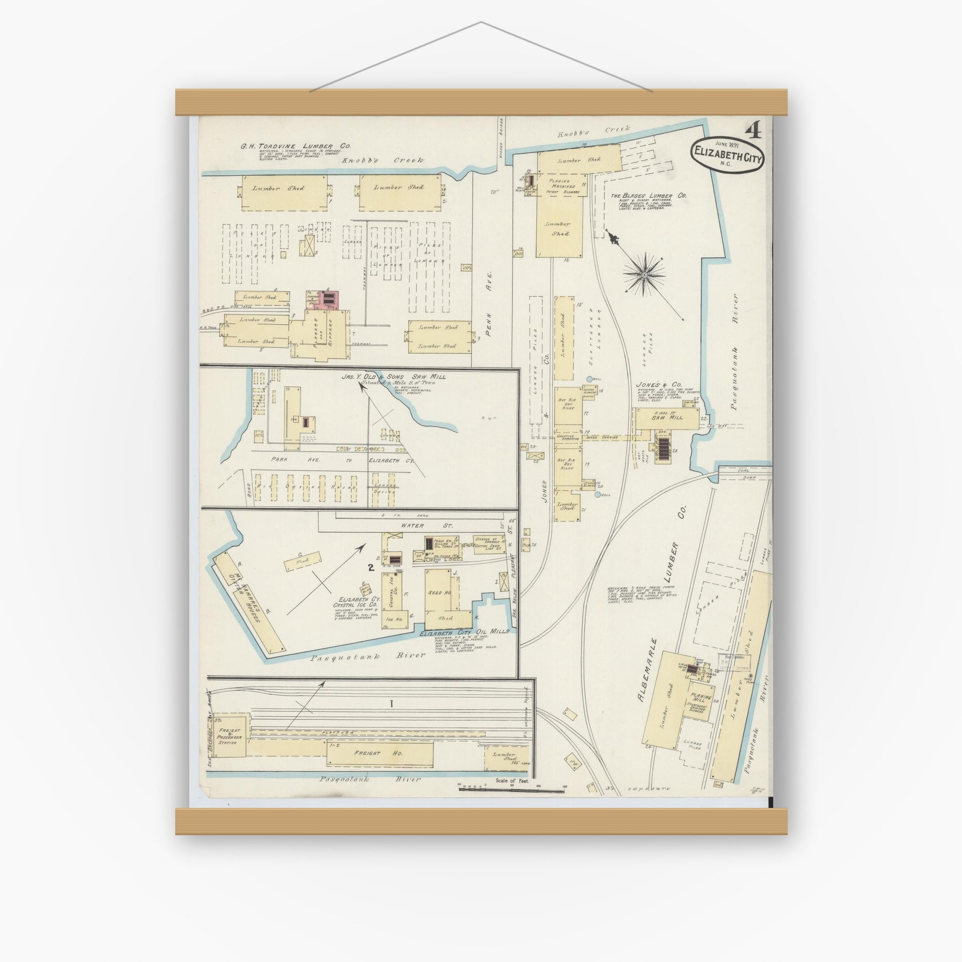 Old map wall art mockup — magnetic wood frame on white wall — Sanborn Fire Insurance Map from Elizabeth City, Pasquotank County, North Carolina (1891), Sheet #0004