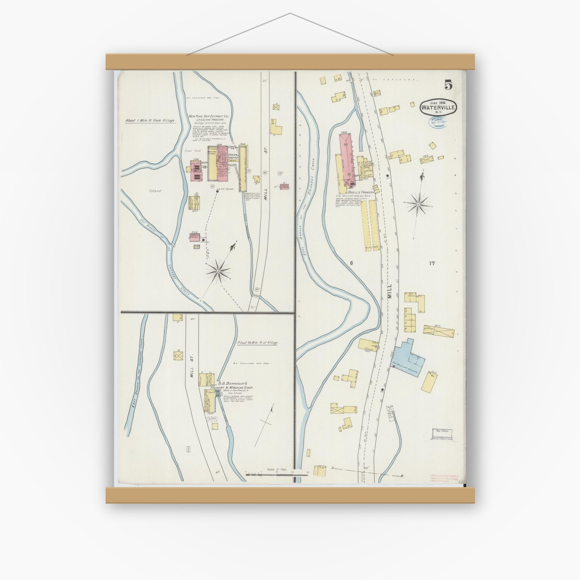 Old map wall art mockup — magnetic wood frame on white wall — Sanborn Fire Insurance Map from Waterville, Oneida County, New York (1894), Sheet #0005
