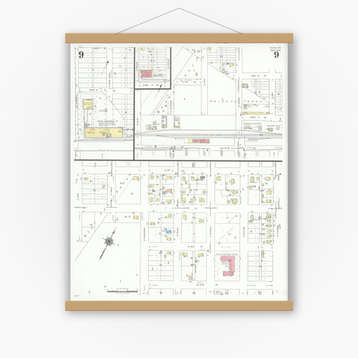 Old map wall art mockup — magnetic wood frame on white wall — Sanborn Fire Insurance Map from Pecos, Reeves County, Texas (1939), Sheet #0009
