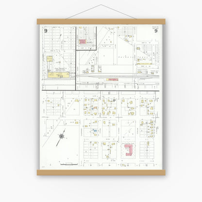 Old map wall art mockup — magnetic wood frame on white wall — Sanborn Fire Insurance Map from Pecos, Reeves County, Texas (1939), Sheet #0009