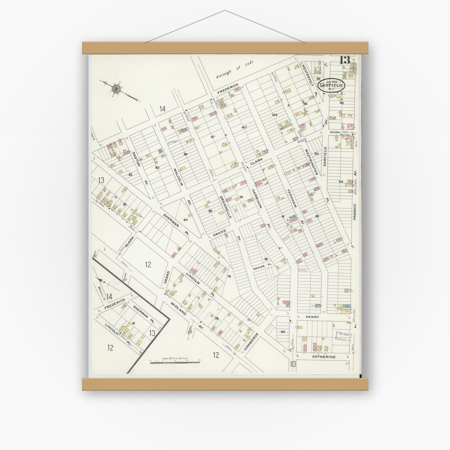 Old map wall art mockup — magnetic wood frame on white wall — Sanborn Fire Insurance Map from Garfield, Bergen County, New Jersey (1910), Sheet #0013