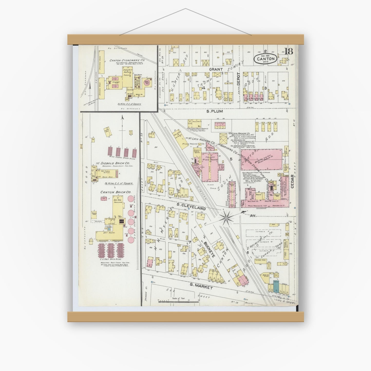 Old map wall art mockup — magnetic wood frame on white wall — Sanborn Fire Insurance Map from Canton, Stark County, Ohio (1891), Sheet #0018