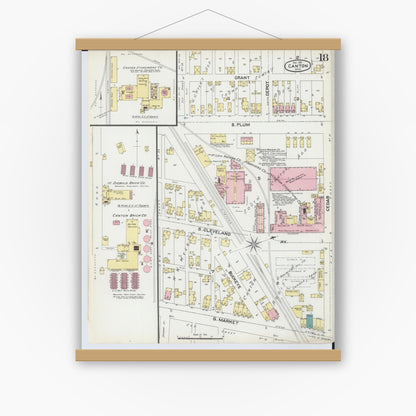 Old map wall art mockup — magnetic wood frame on white wall — Sanborn Fire Insurance Map from Canton, Stark County, Ohio (1891), Sheet #0018
