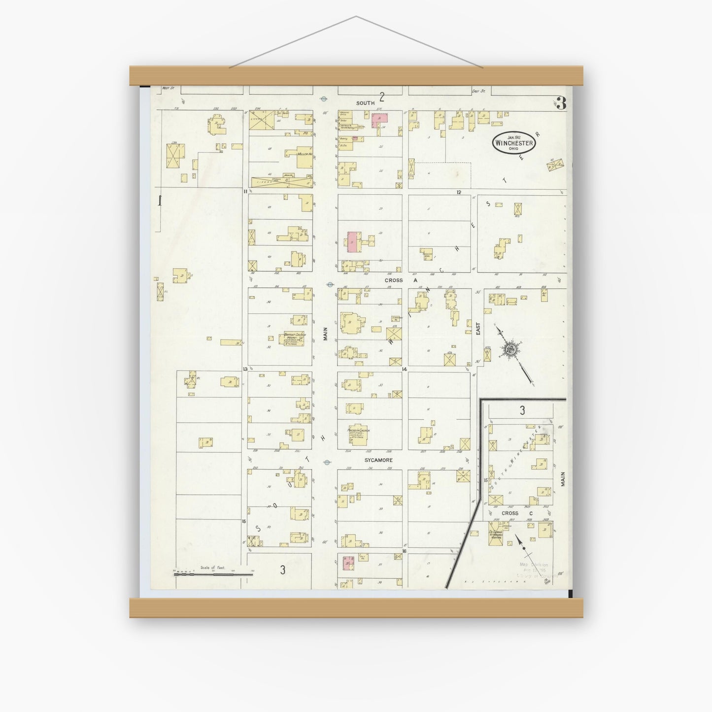 Old map wall art mockup — magnetic wood frame on white wall — Sanborn Fire Insurance Map from Winchester, Adams County, Ohio (1912), Sheet #0003