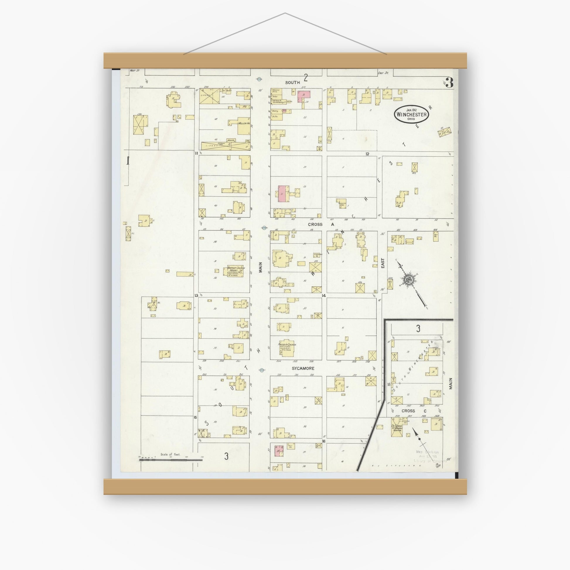 Old map wall art mockup — magnetic wood frame on white wall — Sanborn Fire Insurance Map from Winchester, Adams County, Ohio (1912), Sheet #0003