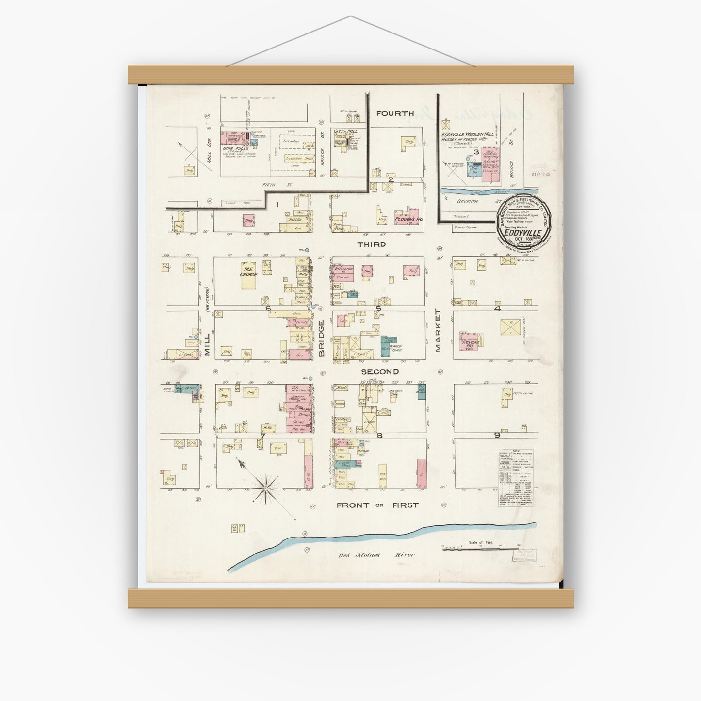 Old map wall art mockup — magnetic wood frame on white wall — Sanborn Fire Insurance Map from Eddyville, Wapello County, Iowa (1885), Sheet #0001