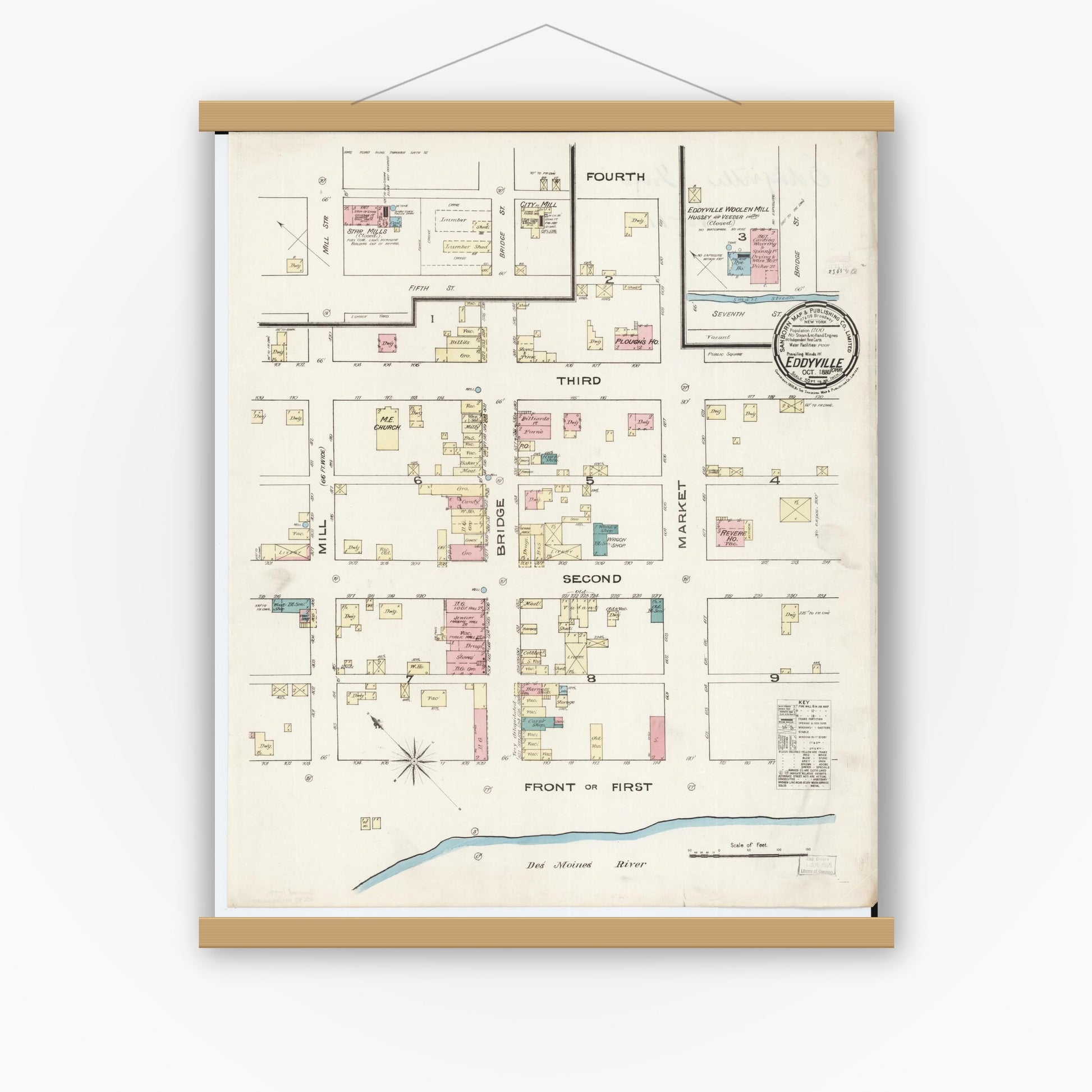 Old map wall art mockup — magnetic wood frame on white wall — Sanborn Fire Insurance Map from Eddyville, Wapello County, Iowa (1885), Sheet #0001