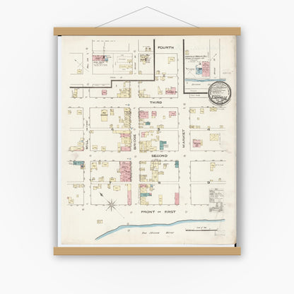 Old map wall art mockup — magnetic wood frame on white wall — Sanborn Fire Insurance Map from Eddyville, Wapello County, Iowa (1885), Sheet #0001