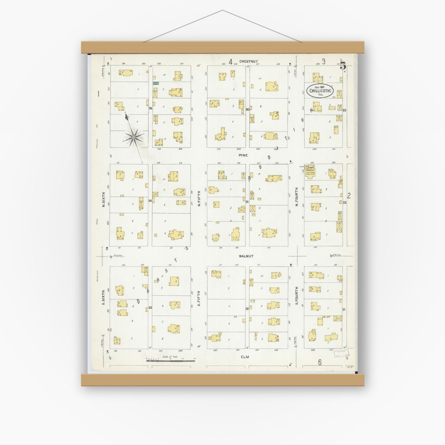 Old map wall art mockup — magnetic wood frame on white wall — Sanborn Fire Insurance Map from Chillicothe, Peoria County, Illinois (1907), Sheet #0005