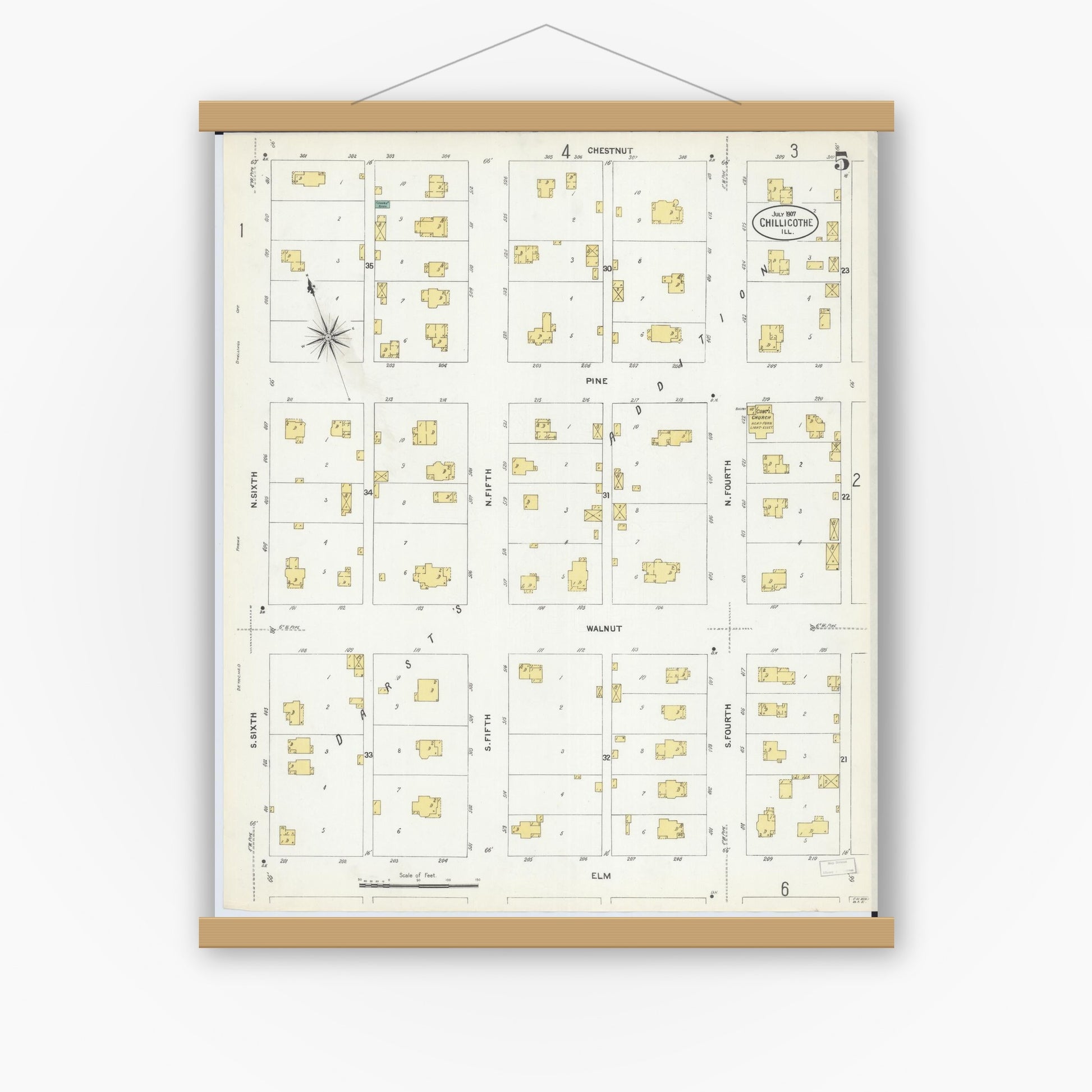 Old map wall art mockup — magnetic wood frame on white wall — Sanborn Fire Insurance Map from Chillicothe, Peoria County, Illinois (1907), Sheet #0005