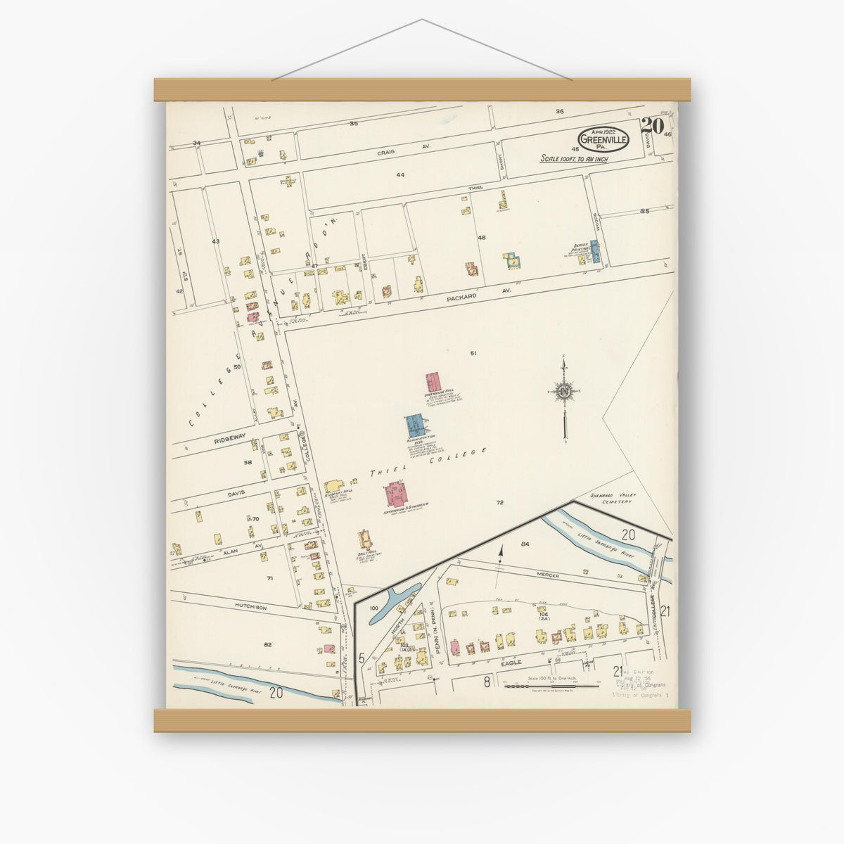 Old map wall art mockup — magnetic wood frame on white wall — Sanborn Fire Insurance Map from Greenville, Mercer County, Pennsylvania (1922), Sheet #0020