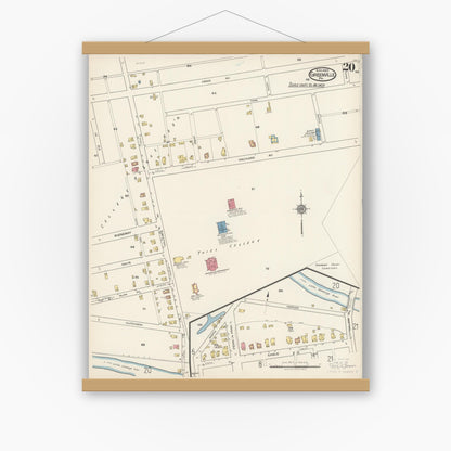 Old map wall art mockup — magnetic wood frame on white wall — Sanborn Fire Insurance Map from Greenville, Mercer County, Pennsylvania (1922), Sheet #0020