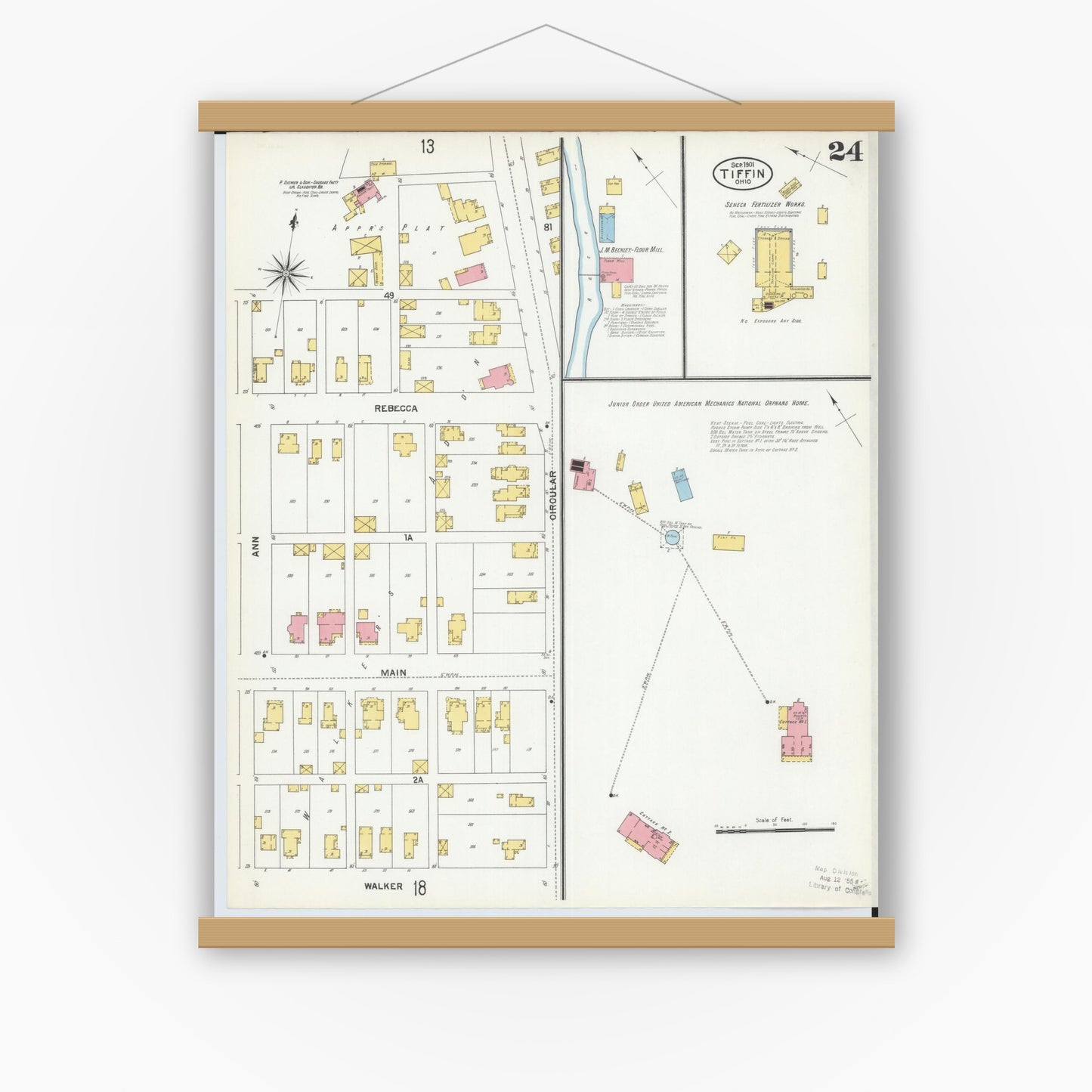Old map wall art mockup — magnetic wood frame on white wall — Sanborn Fire Insurance Map from Tiffin, Seneca County, Ohio (1901), Sheet #0024