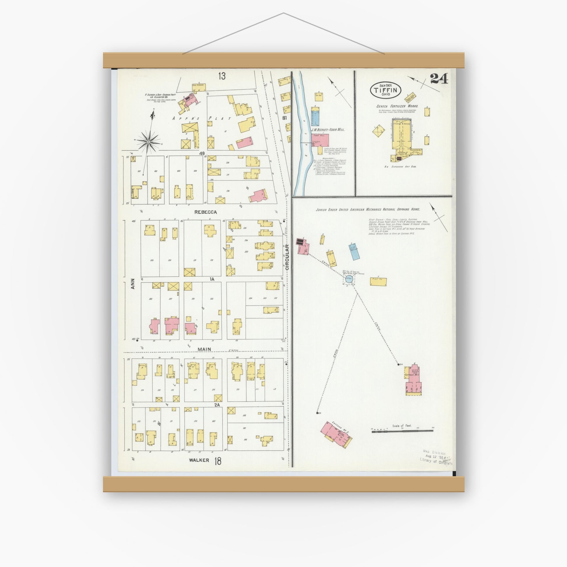 Old map wall art mockup — magnetic wood frame on white wall — Sanborn Fire Insurance Map from Tiffin, Seneca County, Ohio (1901), Sheet #0024