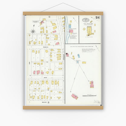 Old map wall art mockup — magnetic wood frame on white wall — Sanborn Fire Insurance Map from Tiffin, Seneca County, Ohio (1901), Sheet #0024