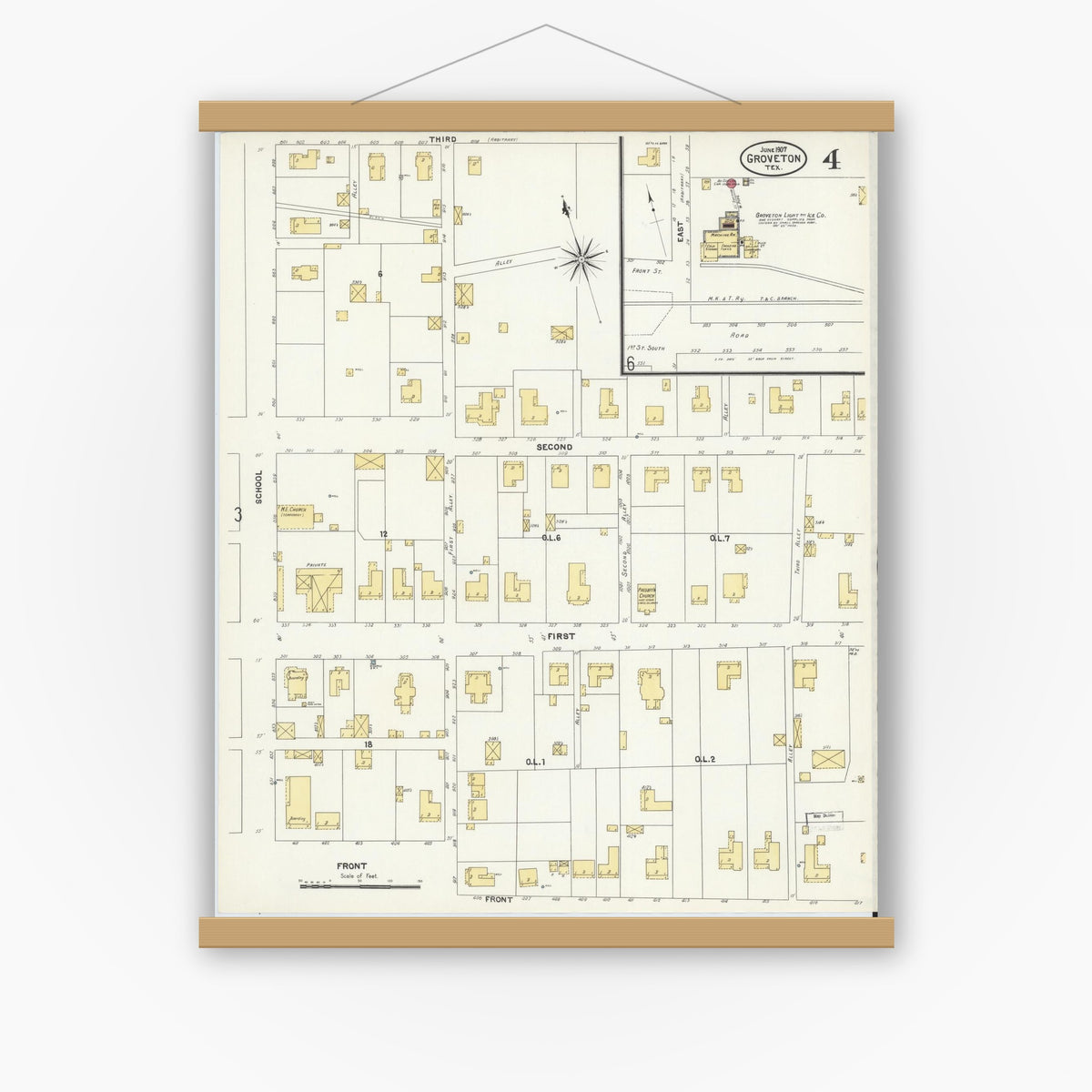 Old map wall art mockup — magnetic wood frame on white wall — Sanborn Fire Insurance Map from Groveton, Trinity County, Texas (1907), Sheet #0004
