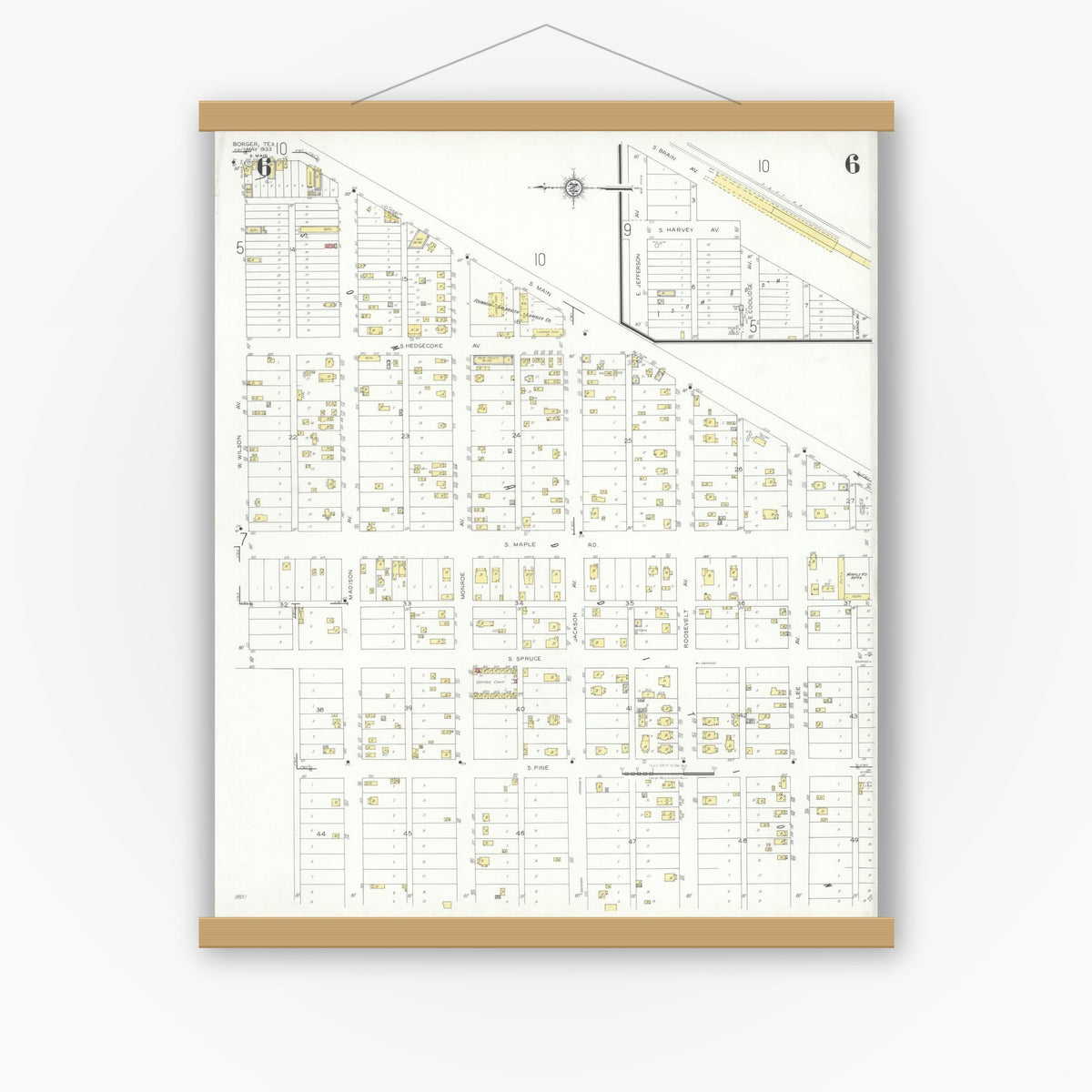 Old map wall art mockup — magnetic wood frame on white wall — Sanborn Fire Insurance Map from Borger, Hutchinson County, Texas (1933), Sheet #0006