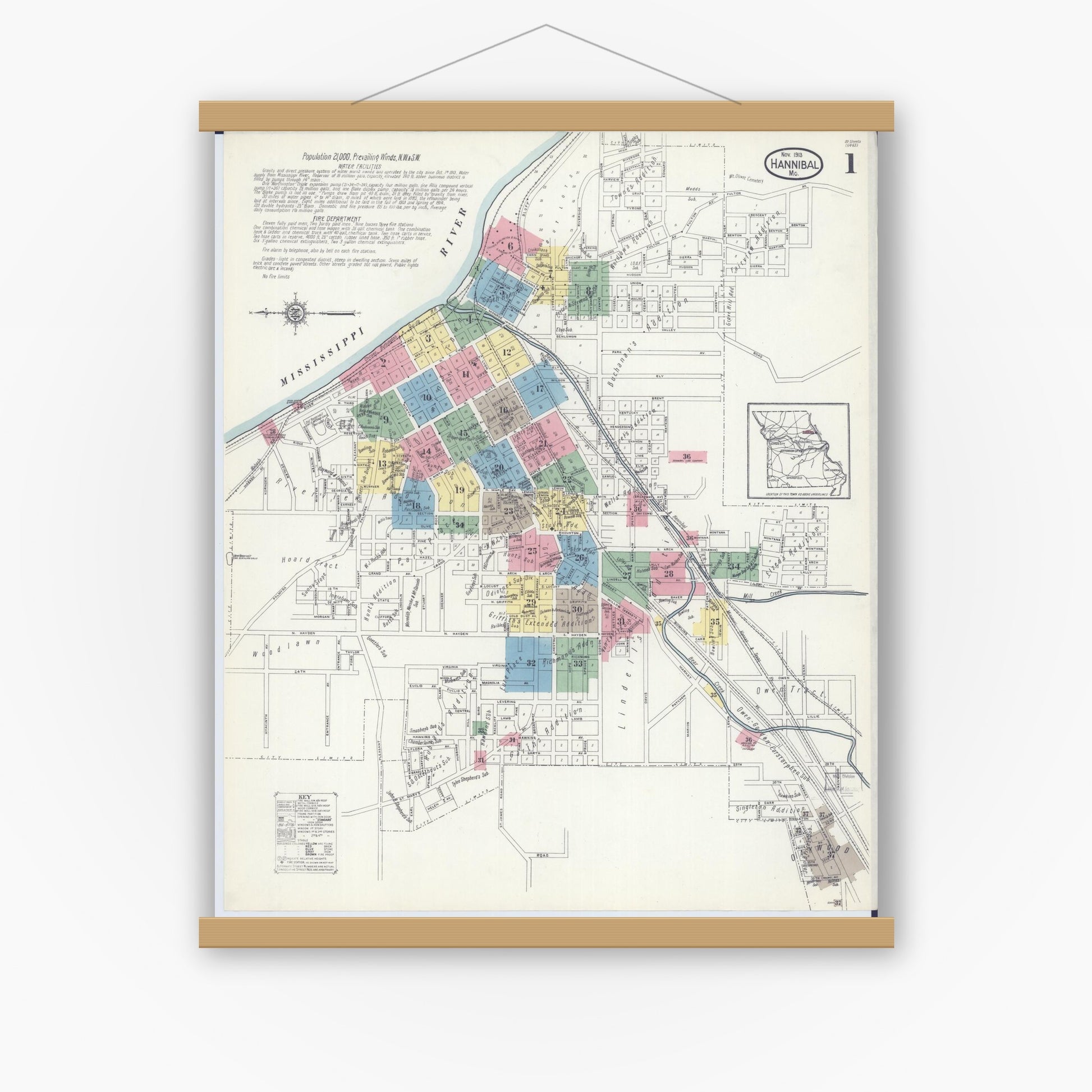 Old map wall art mockup — magnetic wood frame on white wall — Sanborn Fire Insurance Map from Hannibal, Marion County, Missouri (1913) - Complete Map Set