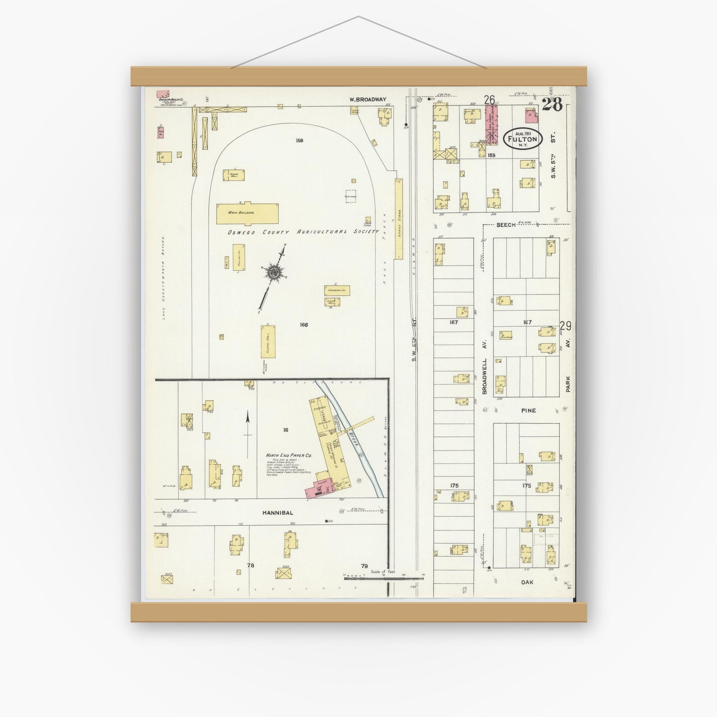 Old map wall art mockup — magnetic wood frame on white wall — Sanborn Fire Insurance Map from Fulton, Oswego County, New York (1911), Sheet #0028