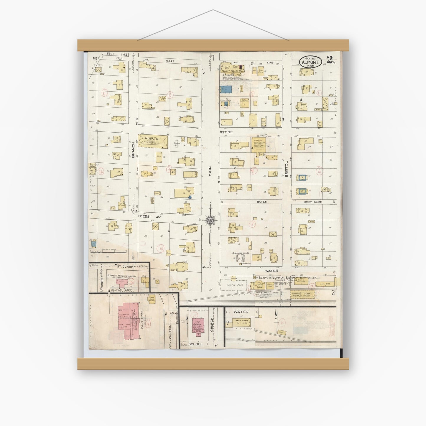 Old map wall art mockup — magnetic wood frame on white wall — Sanborn Fire Insurance Map from Almont, Lapeer County, Michigan (1929), Sheet #0002