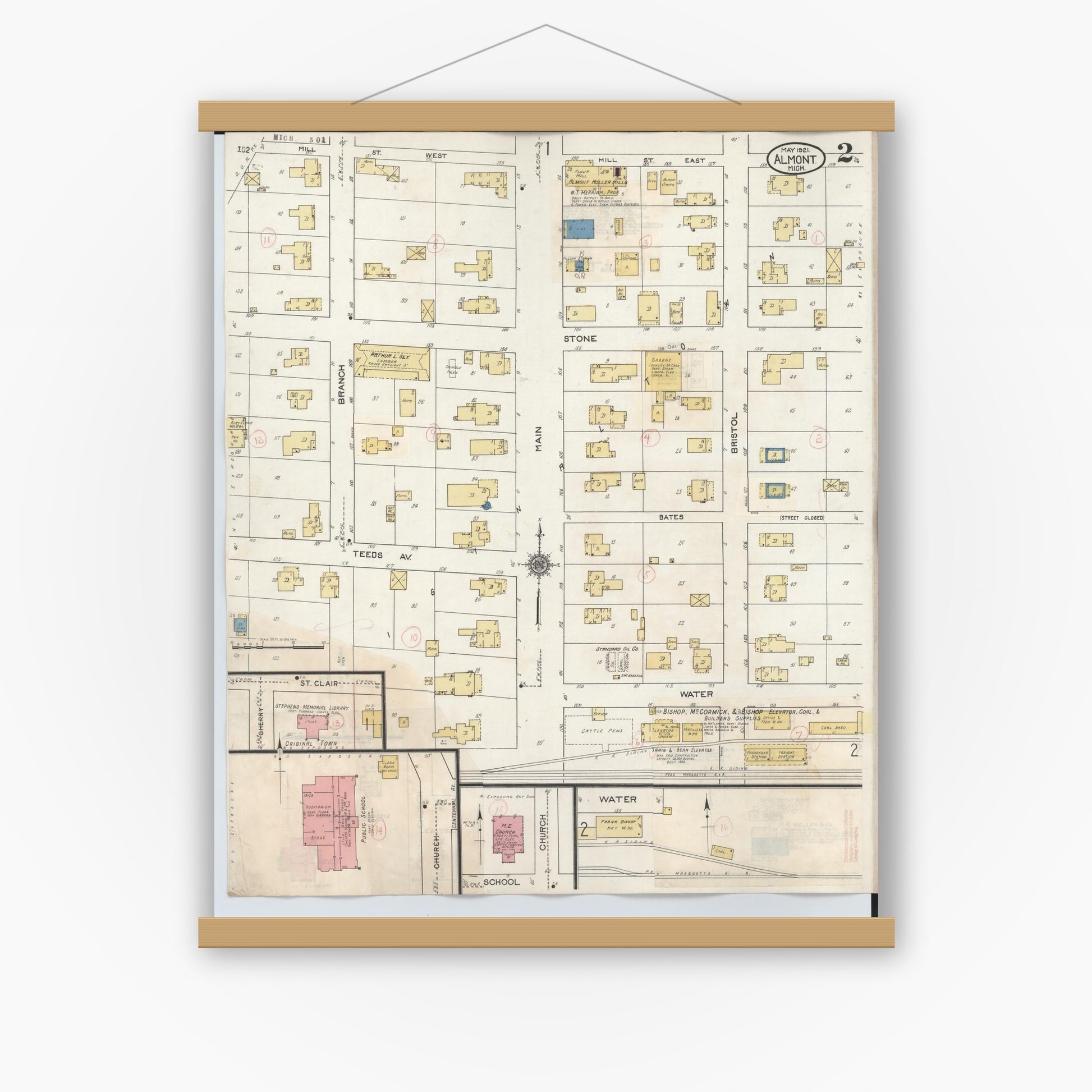 Old map wall art mockup — magnetic wood frame on white wall — Sanborn Fire Insurance Map from Almont, Lapeer County, Michigan (1929), Sheet #0002