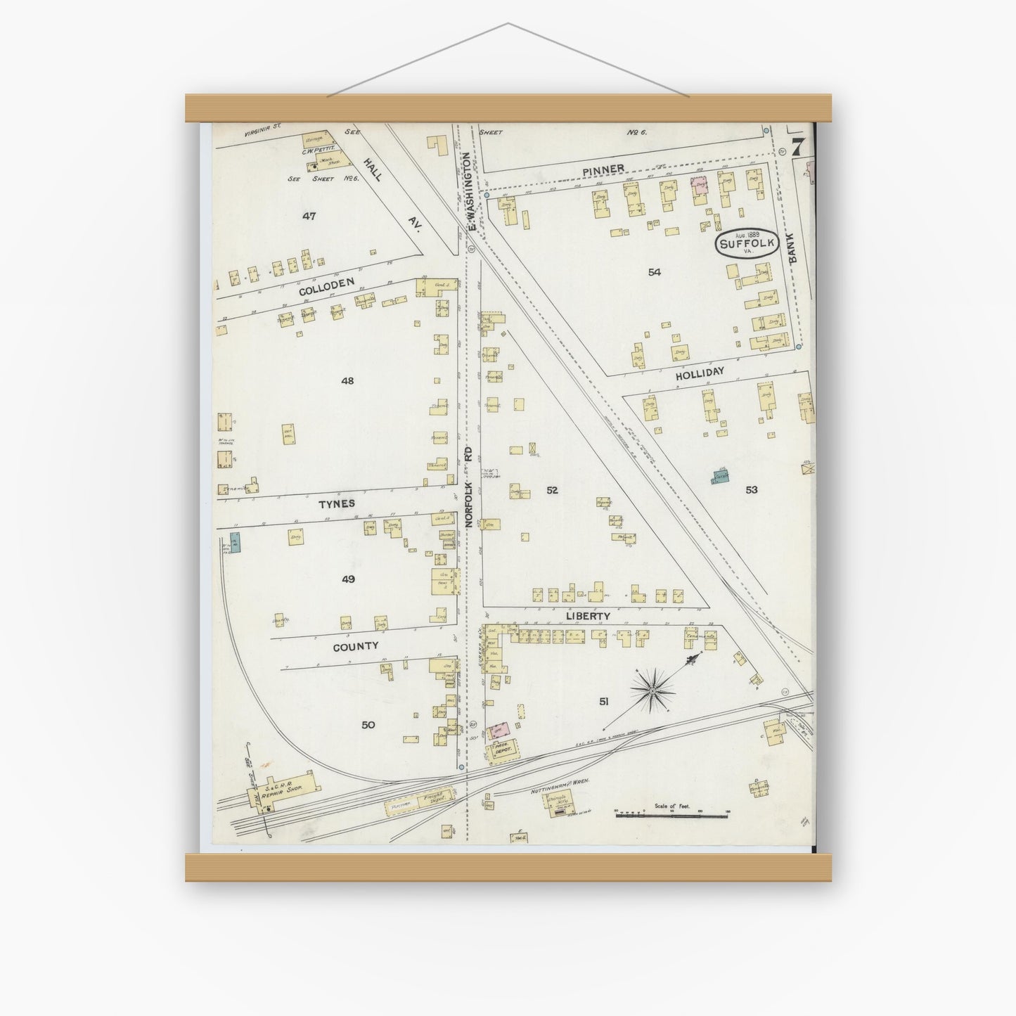 Old map wall art mockup — magnetic wood frame on white wall — Sanborn Fire Insurance Map from Suffolk, Independent Cities, Virginia (1889), Sheet #0007